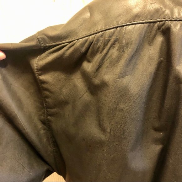 VINTAGE 80s Leather Jacket Black Bomber Oversized Batwing Sleeve Comint Large - Picture 6 of 16